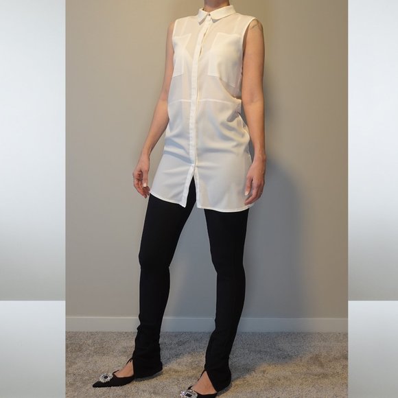 Quzu Collar Button Down White Sleeveless Button Down Shirt Size 6 / 38 / M - Picture 3 of 8
